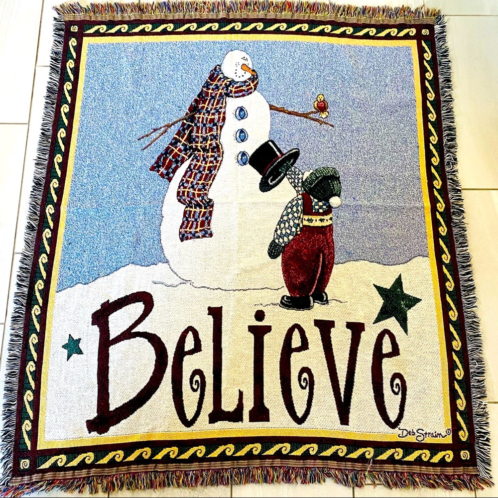 “Believe” winter throw, snowman / child snow scene
